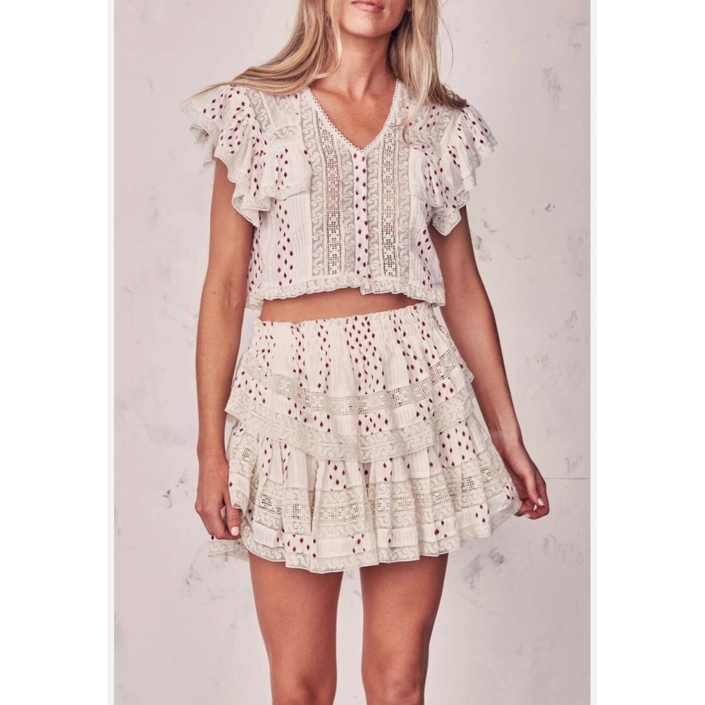 M14 LoveShackFancy Ruffle Mini Skirt White Pink Lace Tiered Smocked Cotton XS